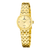 Goldene Damenuhr mit Metallarmband und rundem Zifferblatt mit Indexen und Facettensteinen