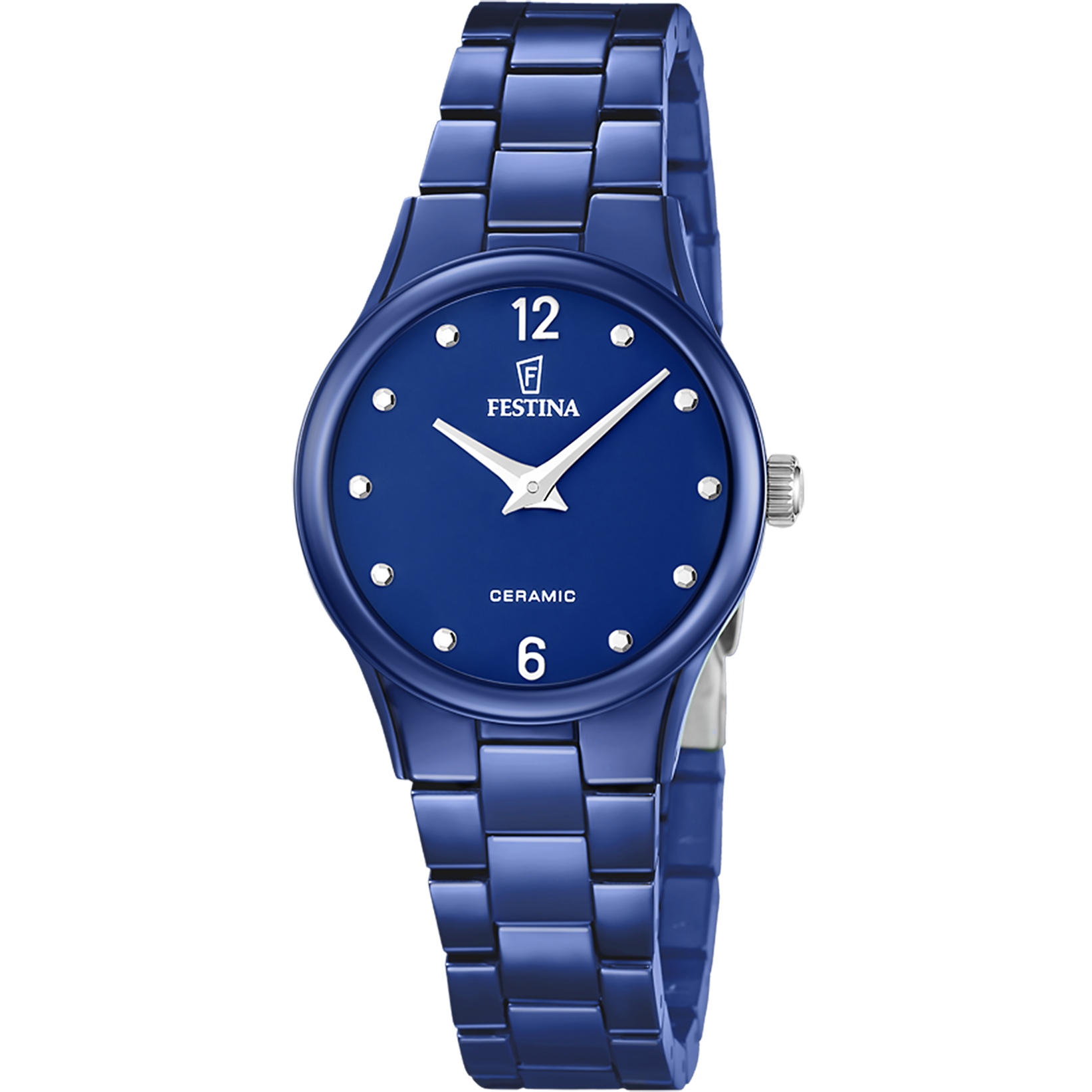 Festina Damenuhr mit blauem Keramikarmband, rundem Zifferblatt mit Indexen