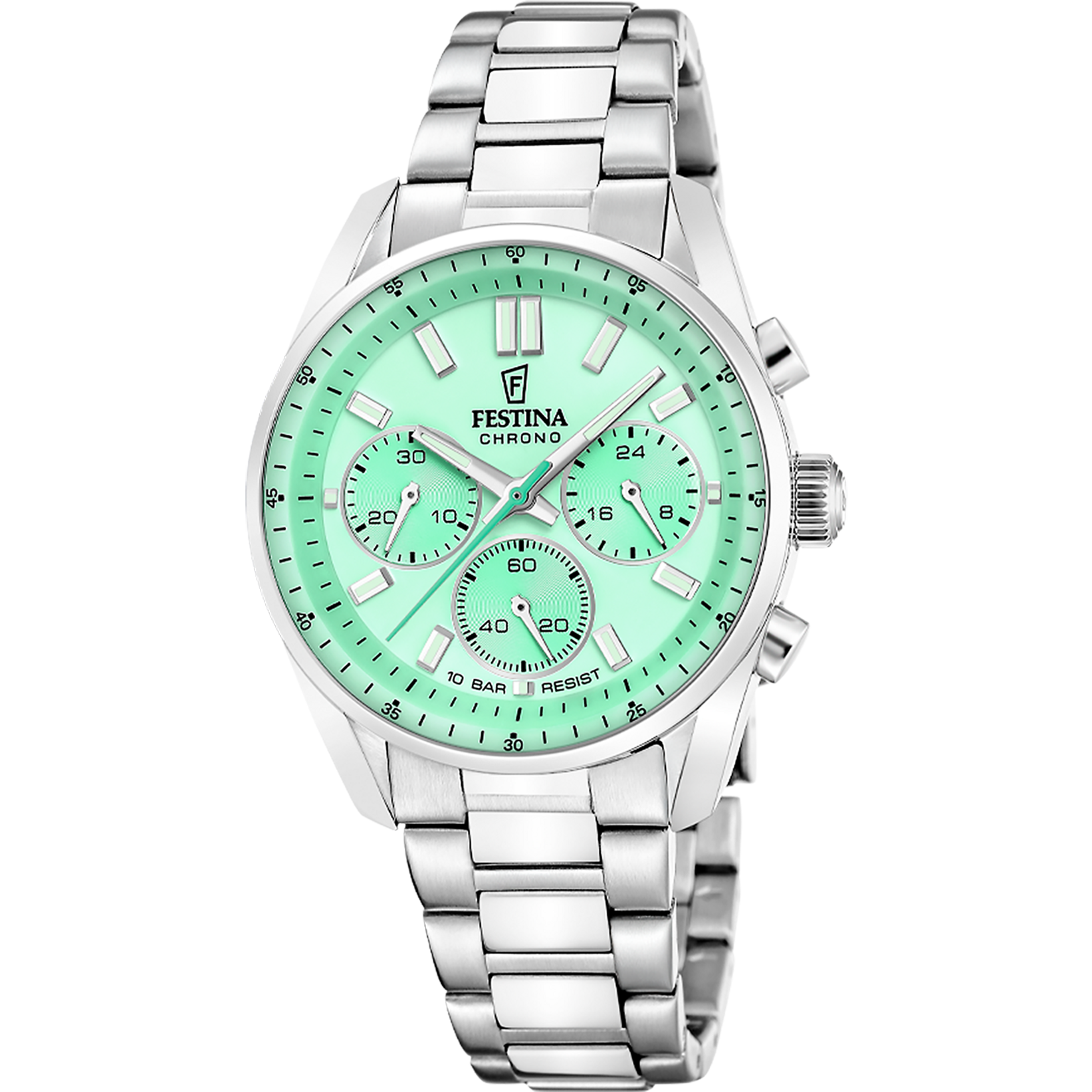 Festina Damenuhr mit Chronograph: rundes Edelstahlgehäuse, Armband, grünliches Zifferblatt