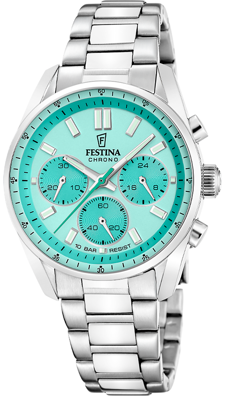 Montre unisexe avec bracelet en acier inoxydable argenté, cadran turquoise et compteurs de chronographe