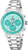 Montre unisexe avec bracelet en acier inoxydable argenté, cadran turquoise et compteurs de chronographe