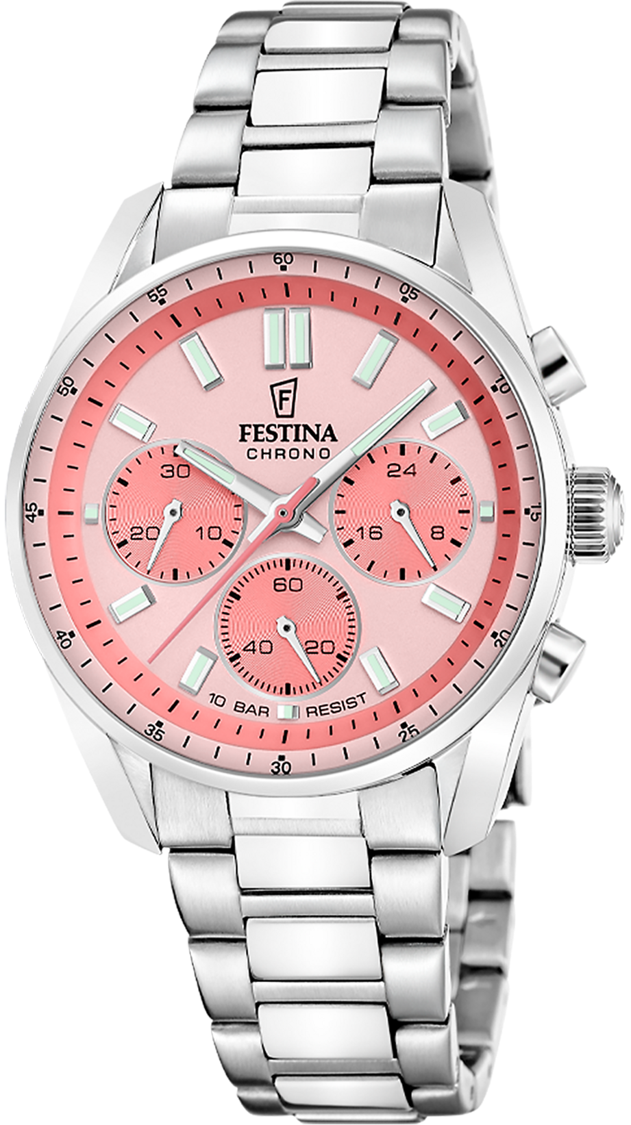Chronographe en acier inoxydable avec cadran rose et trois sous-cadrans, bracelet en métal