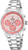 Chronographe en acier inoxydable avec cadran rose et trois sous-cadrans, bracelet en métal