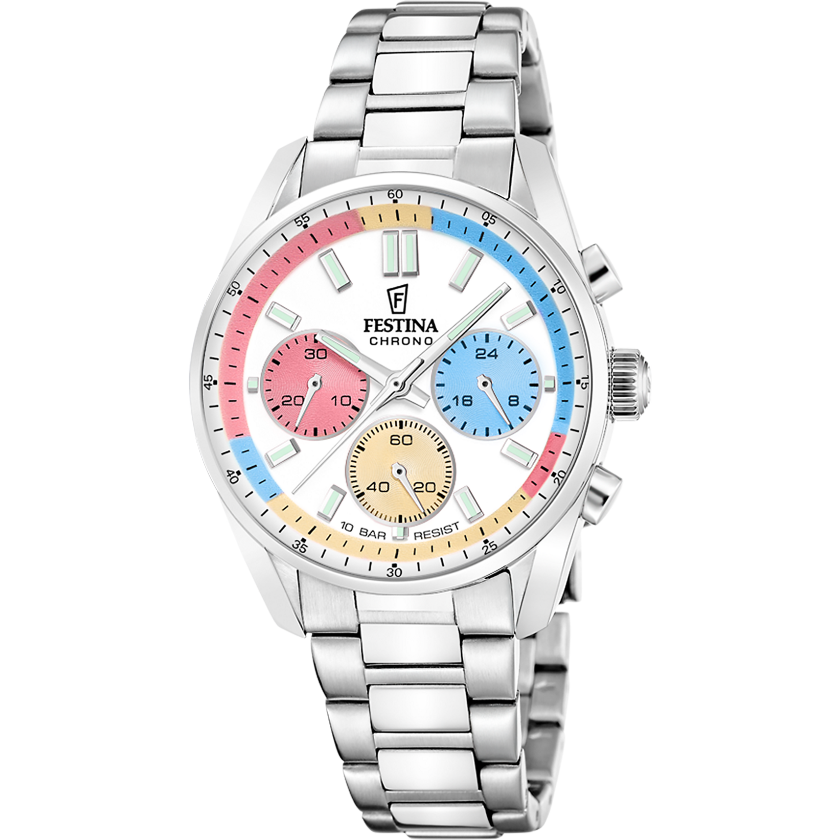 Festina Damenuhr Chronograph mit silbernem Edelstahlband und bunten Chrono-Subdials