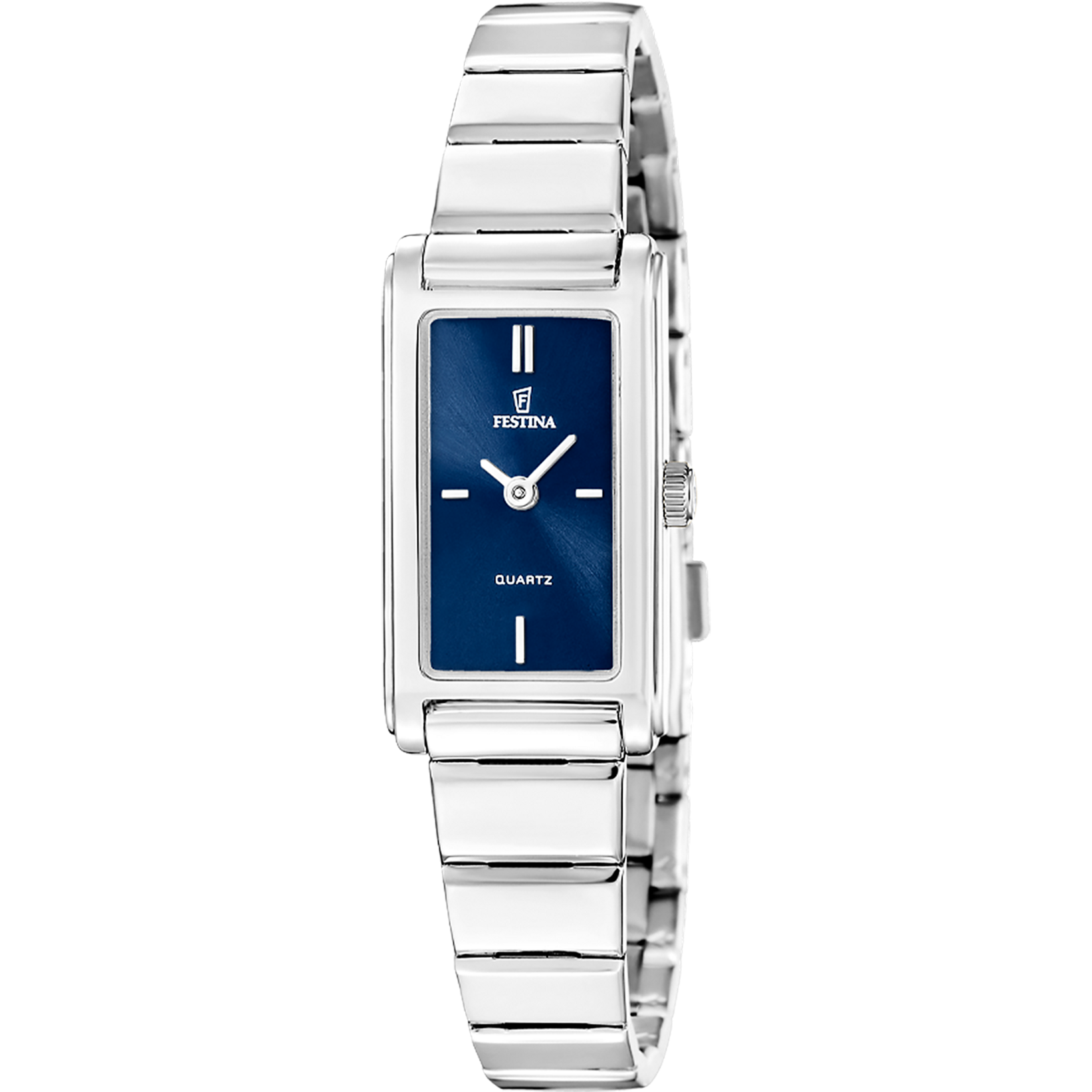 Festina Damenarmbanduhr mit blauem Rechteckzifferblatt, Edelstahlarmband und silbernem Gehäuse