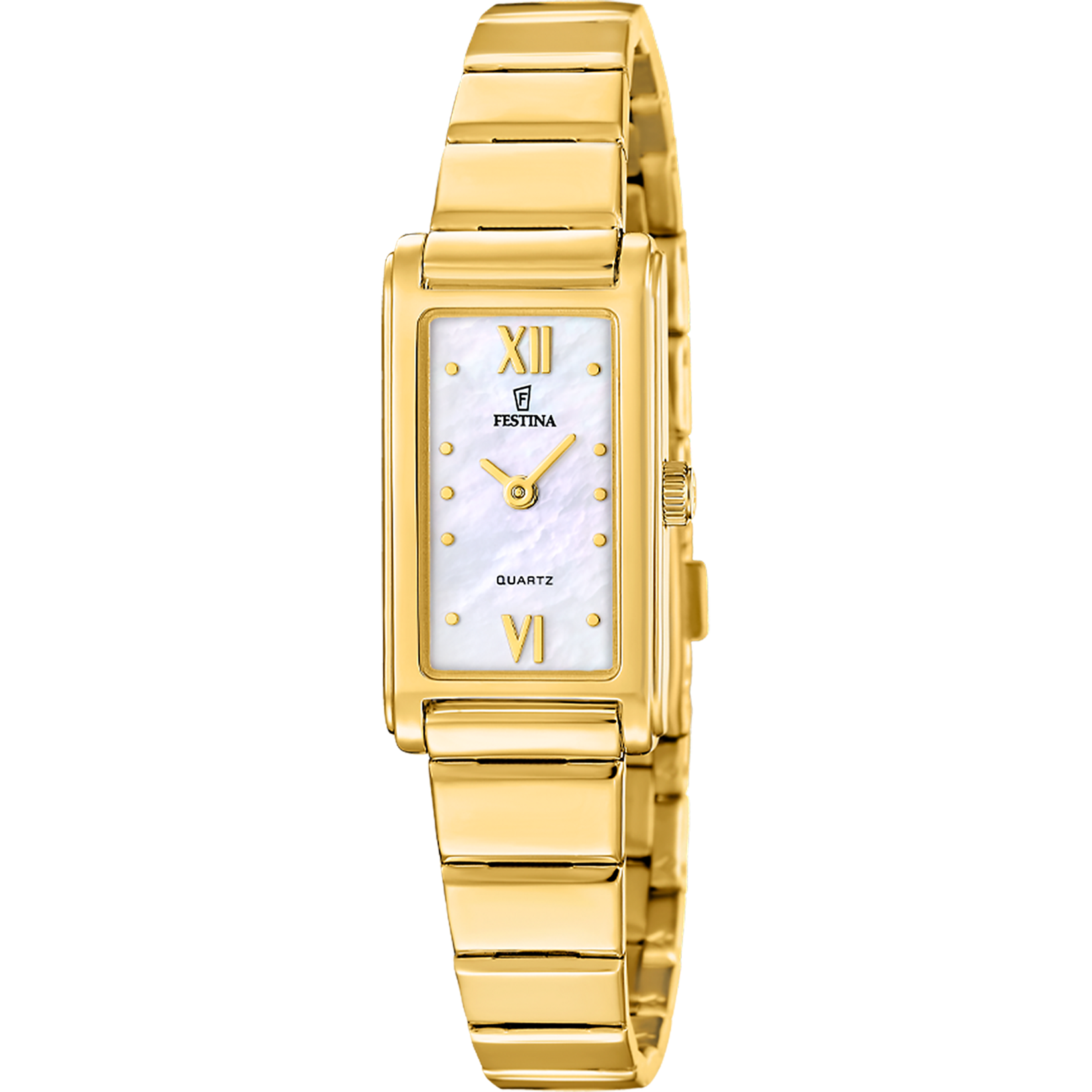 Festina Mademoiselle Damenarmbanduhr mit goldfarbenem Edelstahlband und rechteckigem Zifferblatt