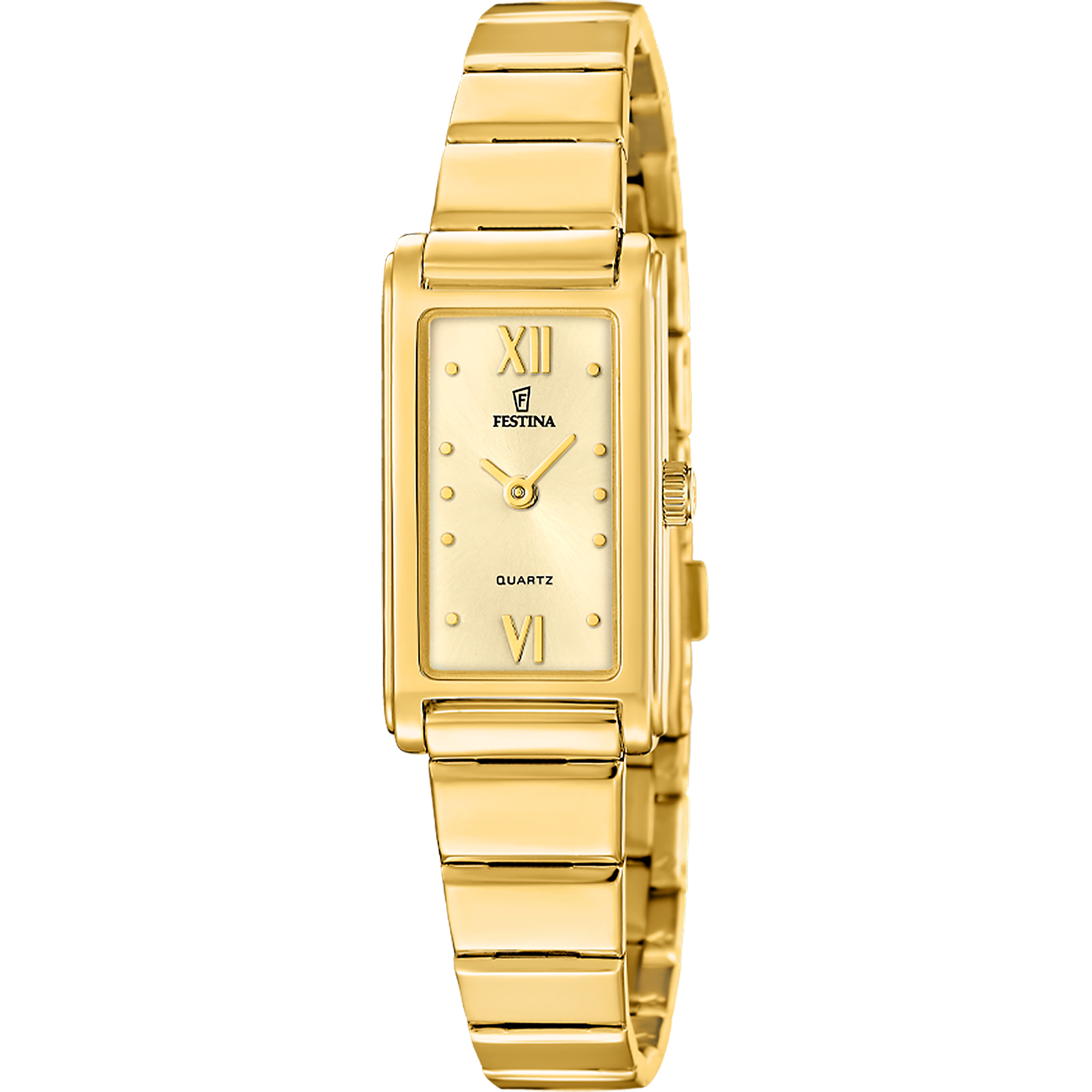 Damenarmbanduhr in Gold mit rechteckigem Zifferblatt und Edelstahlarmband