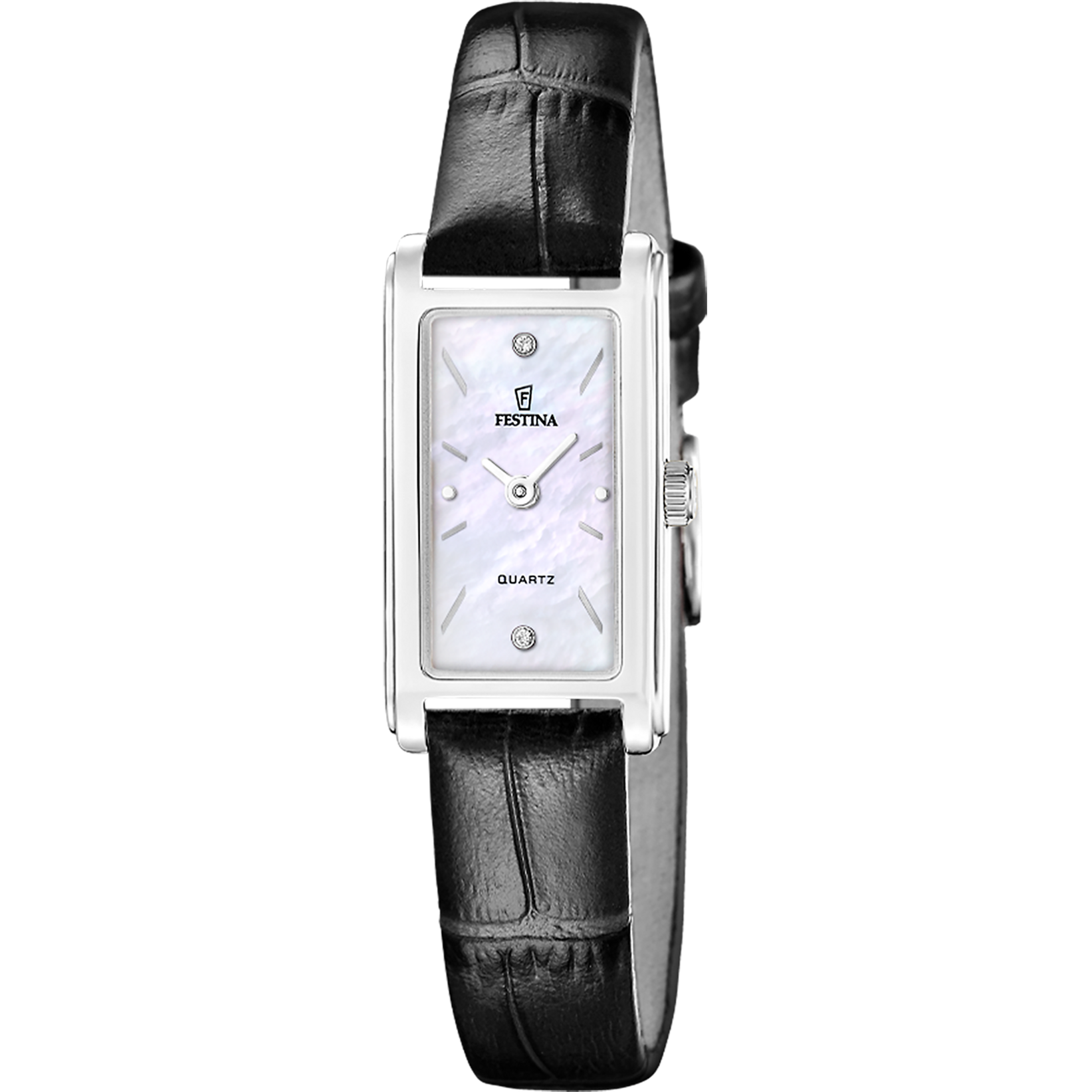 Damenarmbanduhr Festina mit schwarzem Lederarmband und rechteckigem Gehäuse, weißem Zifferblatt