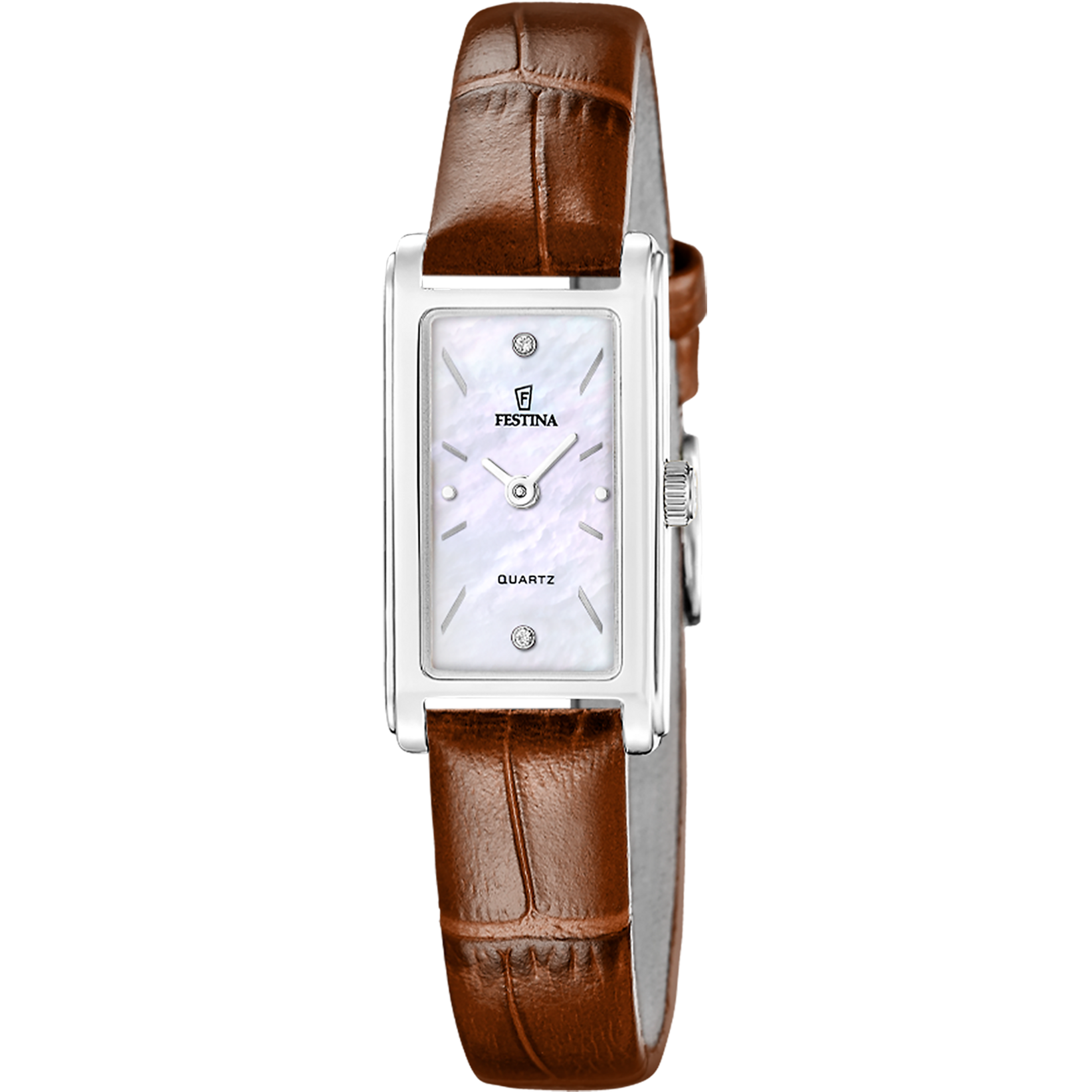 Damenuhr mit rechteckigem Gehäuse, weißem Zifferblatt und braunem Lederarmband