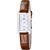 Damenuhr mit rechteckigem Gehäuse, weißem Zifferblatt und braunem Lederarmband