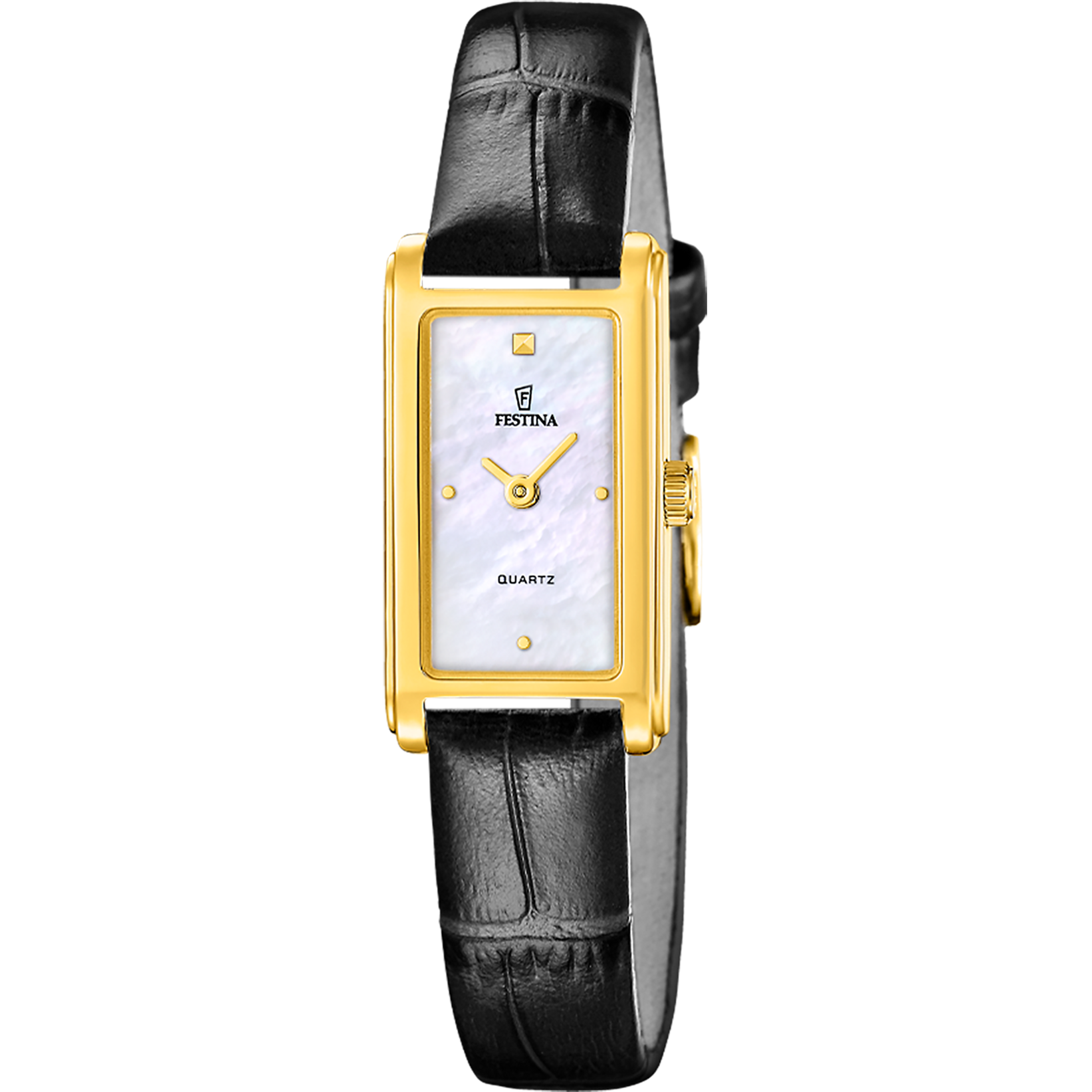 Damenarmbanduhr von Festina mit schwarzem Lederarmband, goldfarbener Gehäuseform und weißem Zifferblatt