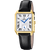 Herrenarmbanduhr mit goldfarbenem eckigem Gehäuse, weißem Zifferblatt und schwarzem Lederband