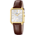 Herrenarmbanduhr mit eckigem goldfarbenem Gehäuse, weißem Zifferblatt und braunem Lederband