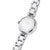 Damenarmbanduhr Rückseite, rundes Edelstahlgehäuse mit Aufdruck und silbernes Metallarmband