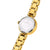 Damenarmbanduhr mit goldfarbenem Gehäuse, Rückseite sichtbar, goldfarbenes Gliederarmband