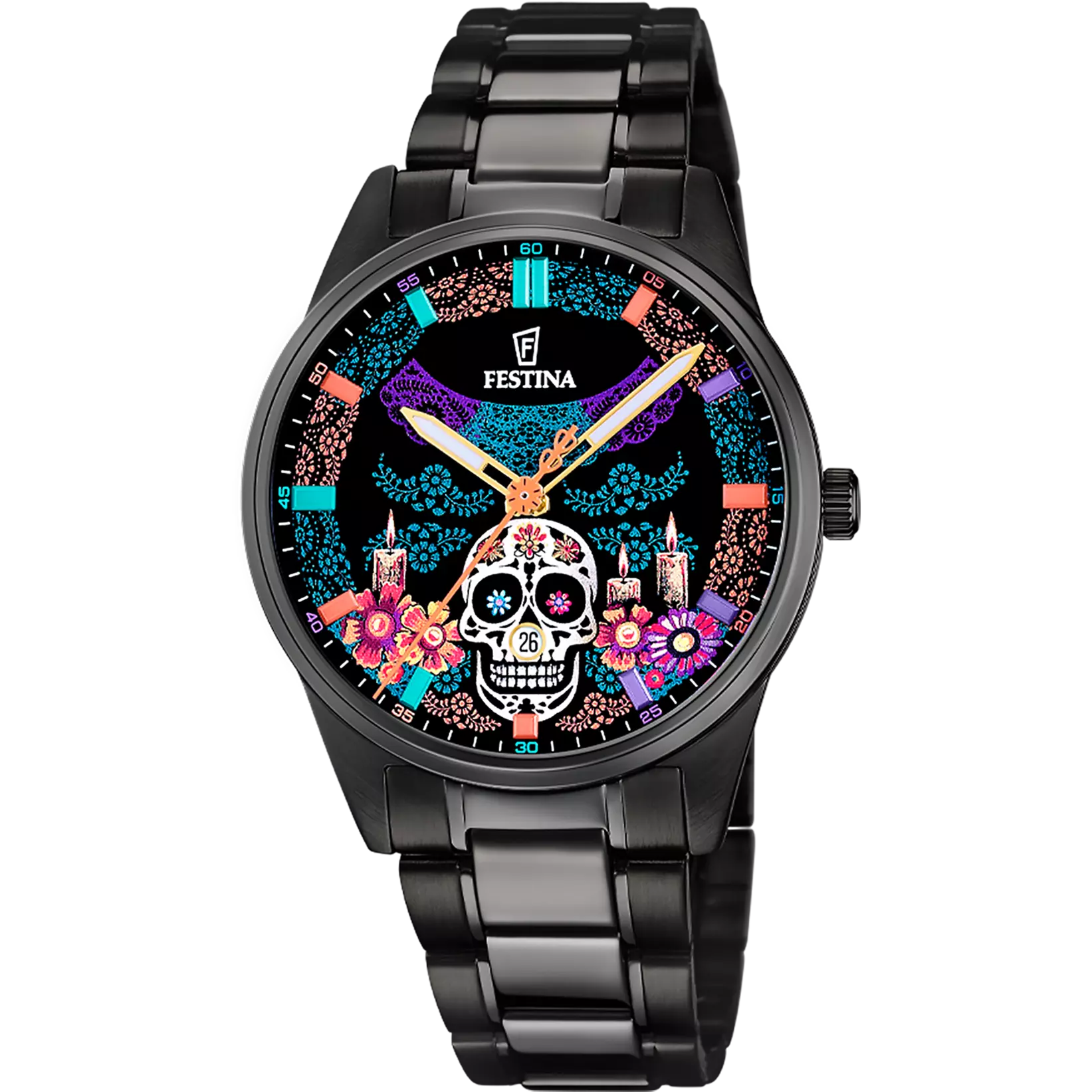 Festina Herren-Armbanduhr in Schwarz mit buntem Día-de-Muertos-Zifferblatt