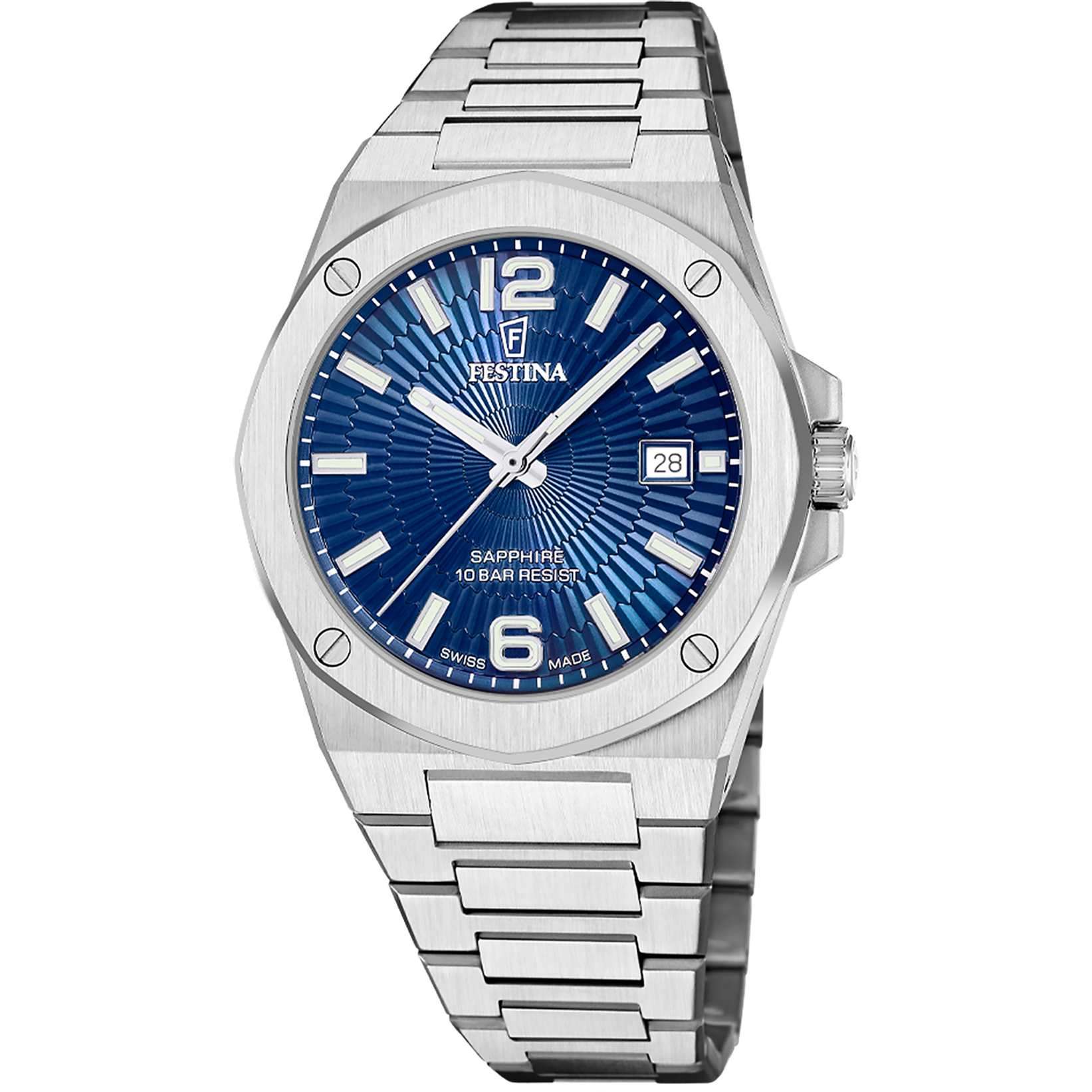 Festina Herrenuhr mit blauem Zifferblatt, Datumsanzeige und Edelstahlarmband