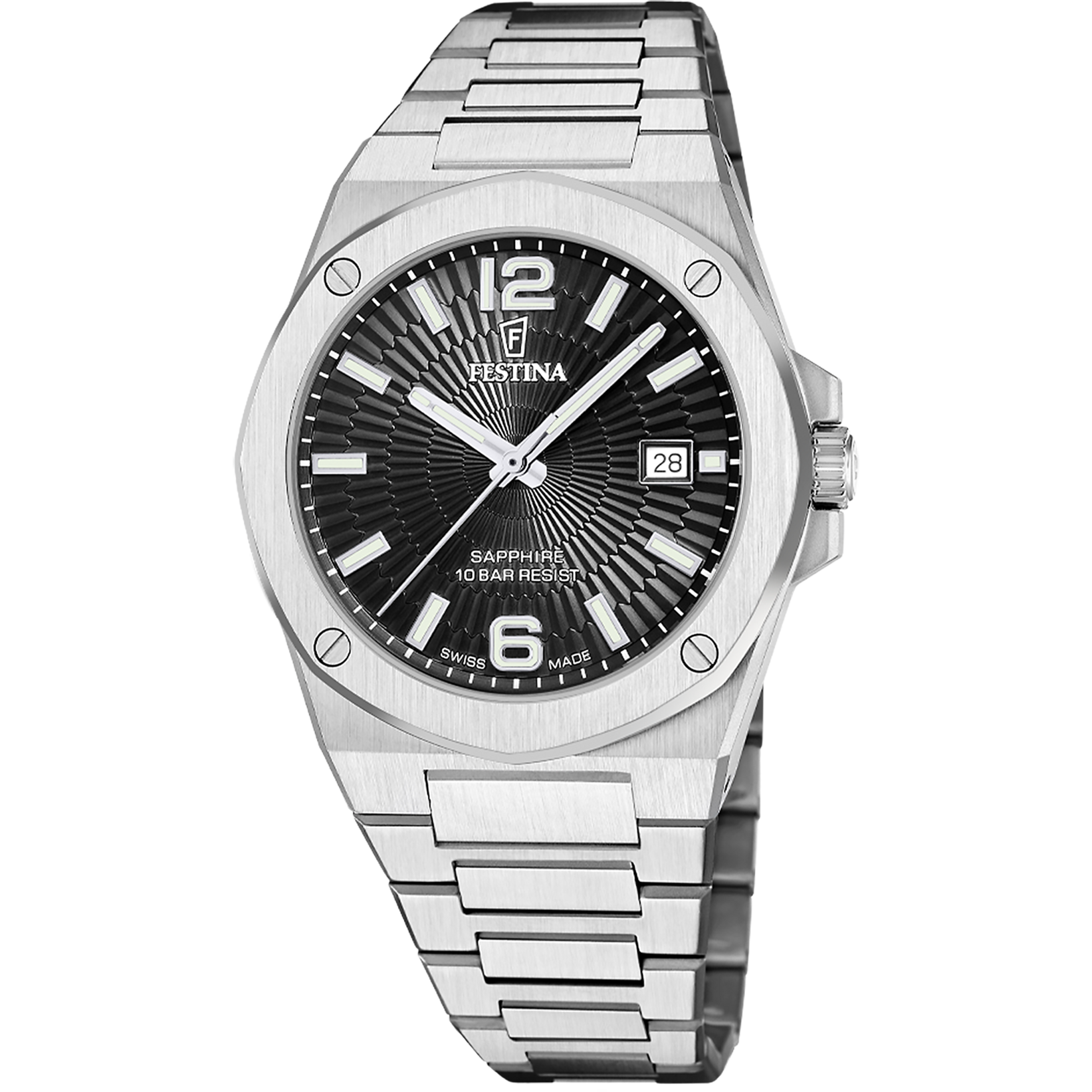 Herrenarmbanduhr mit silbernem Edelstahlarmband, schwarzem Zifferblatt und Datumsanzeige