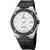 Herrenarmbanduhr: silbernes Gehäuse, weißes Zifferblatt, Datumsfenster, schwarzes Lederband