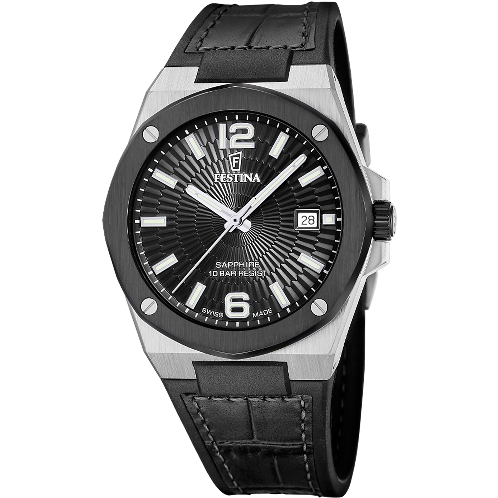 Herrenarmbanduhr mit schwarzem Zifferblatt, silbernem Gehäuse und schwarzem Lederarmband.