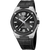Herrenarmbanduhr mit schwarzem Zifferblatt, silbernem Gehäuse und schwarzem Lederarmband.