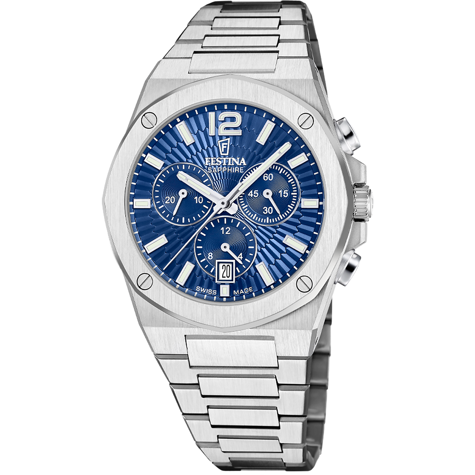Herren-Chronograph Uhr mit blauem Zifferblatt und silbernem Edelstahlarmband