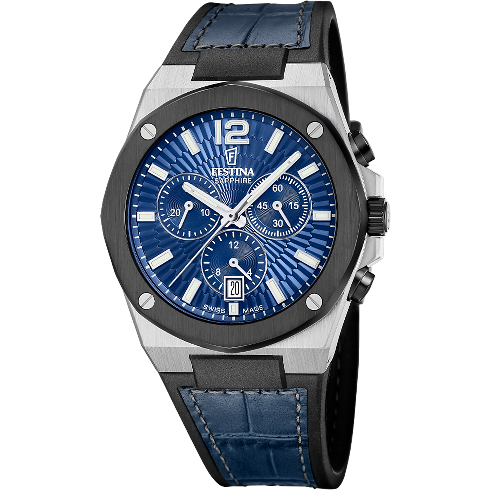 Festina Herren-Chronograph mit blauem Zifferblatt, Saphirglas und Lederarmband