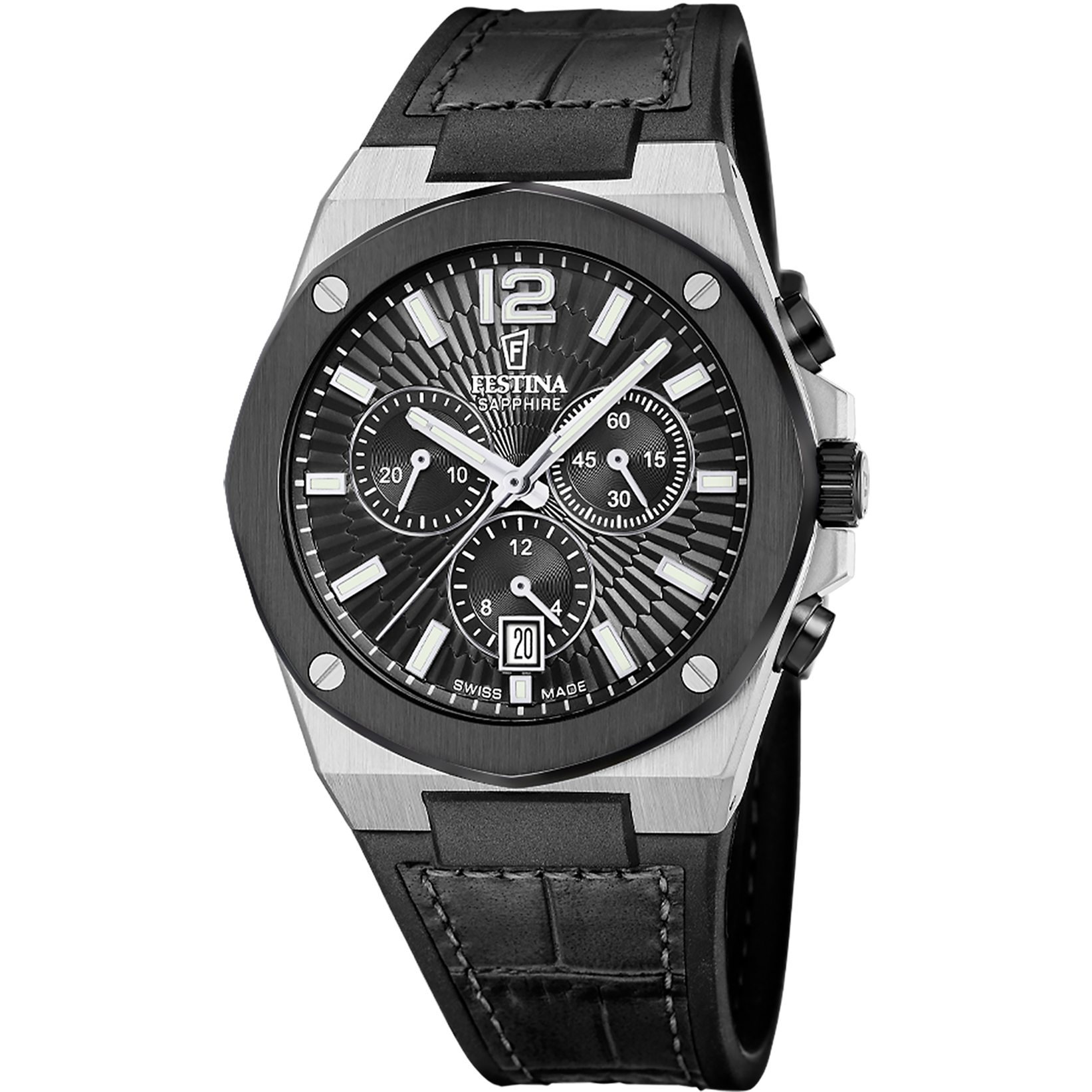 Festina Vallée Herrenuhr mit schwarzem Zifferblatt, Chrono-Subdials & Lederarmband