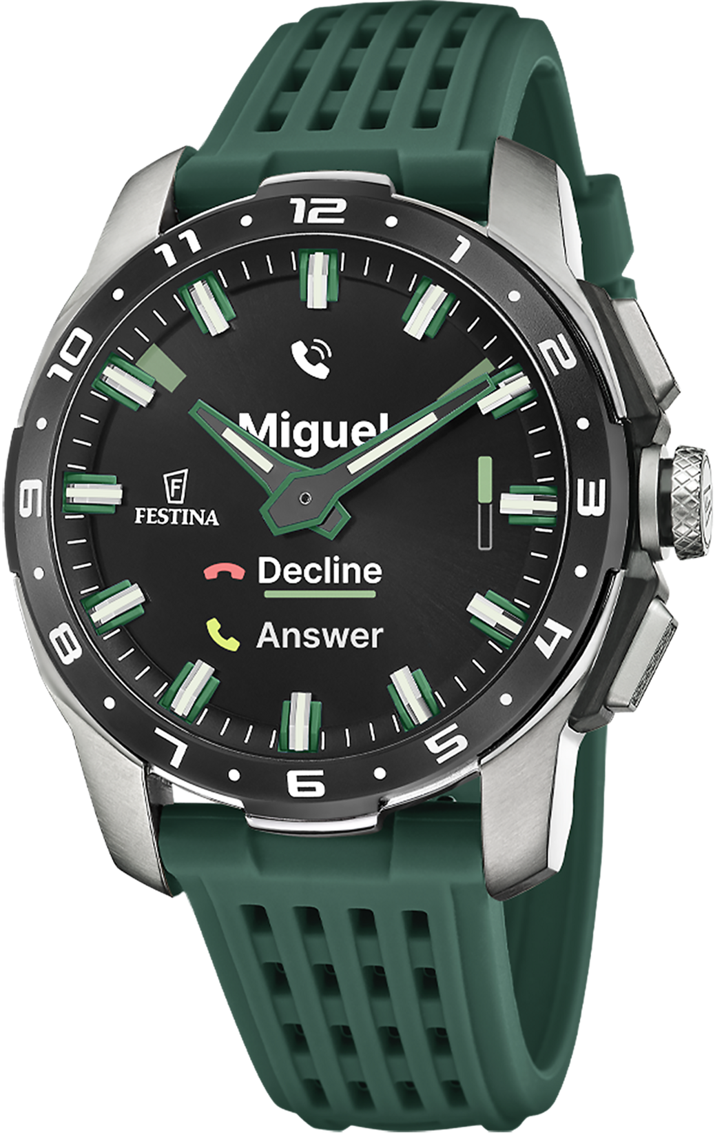 Montre connectée pour homme avec bracelet en silicone vert, cadran noir et index verts