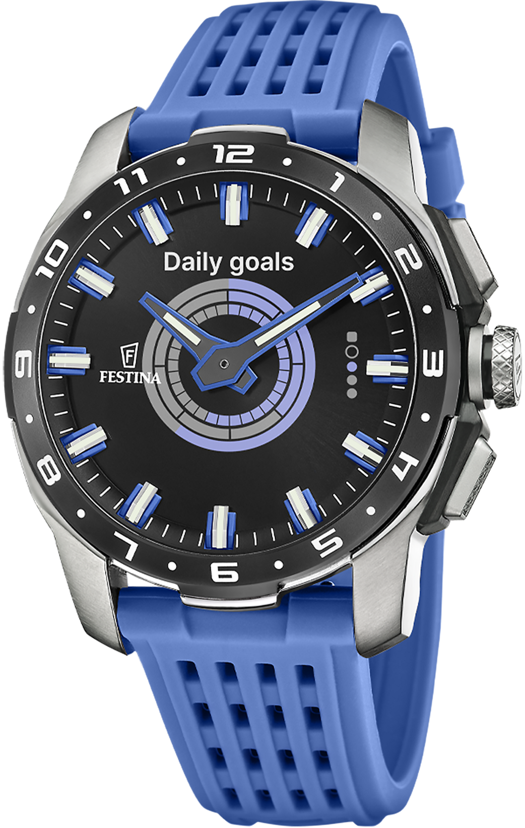 Montre homme avec bracelet en silicone bleu, cadran noir et lunette en métal.