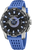 Montre homme avec bracelet en silicone bleu, cadran noir et lunette en métal.
