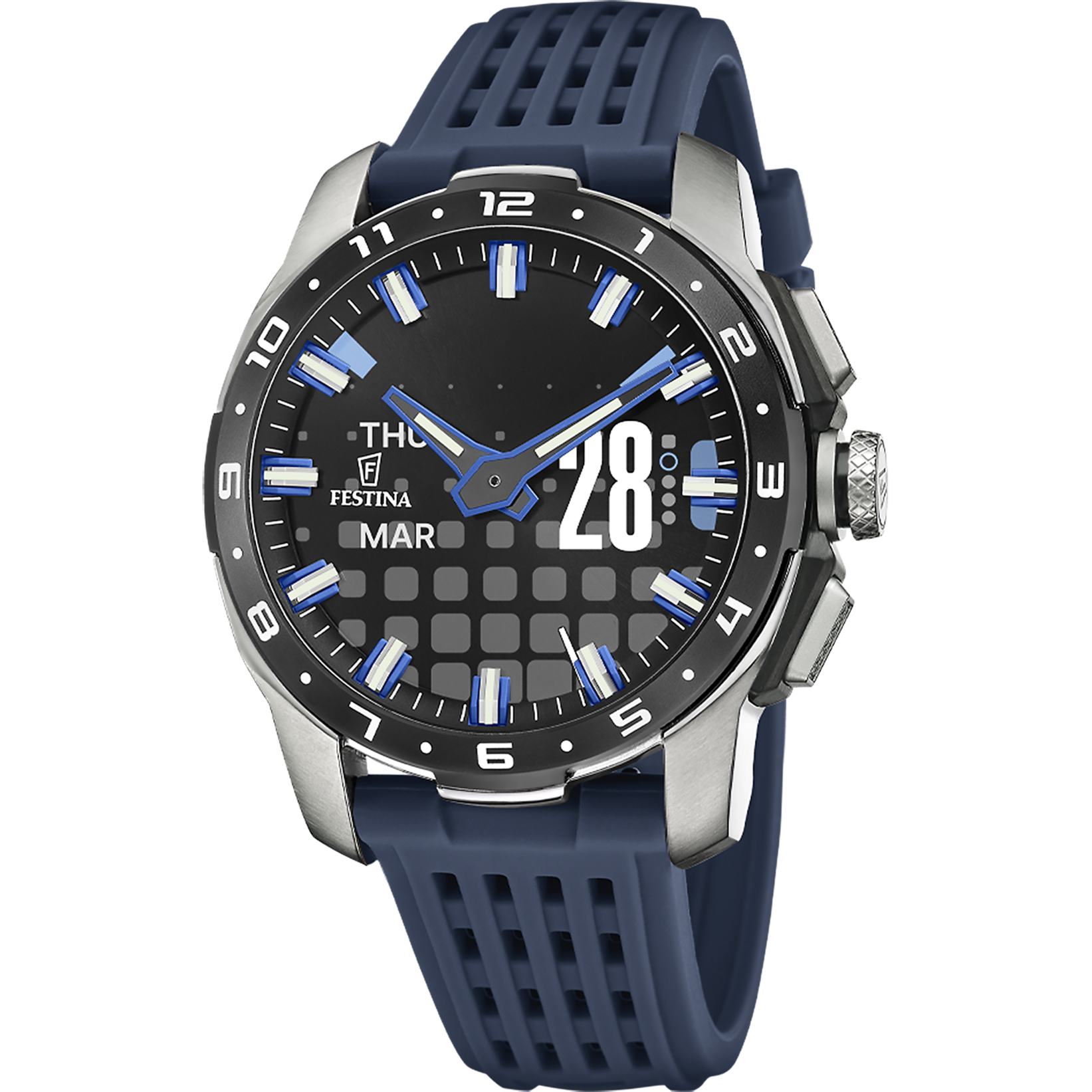 Bracelet de montre pour homme avec bracelet en silicone bleu foncé, cadran noir, boîtier en acier
