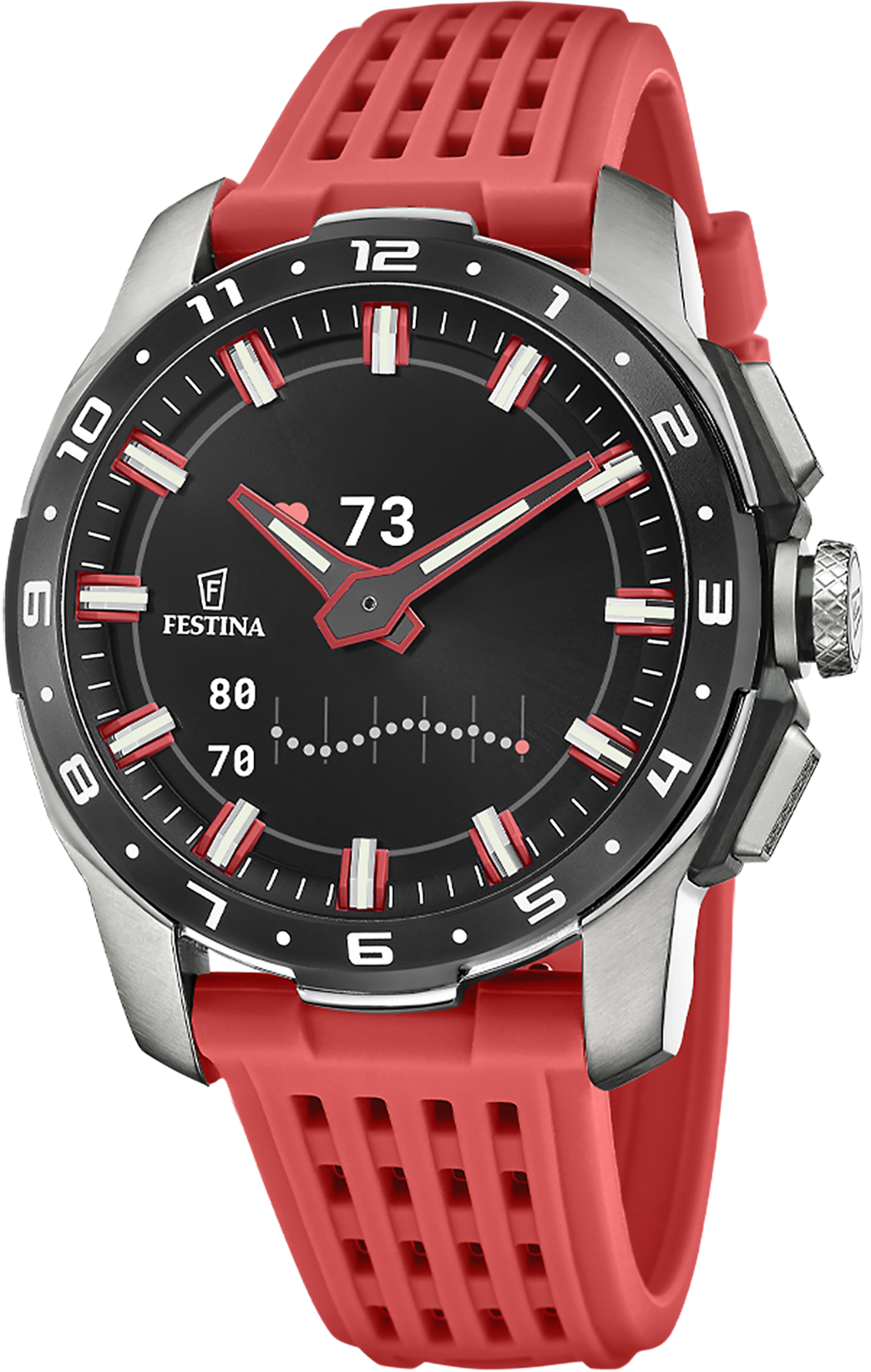 Montre connectée homme avec cadran noir, bracelet en silicone rouge et boîtier en métal
