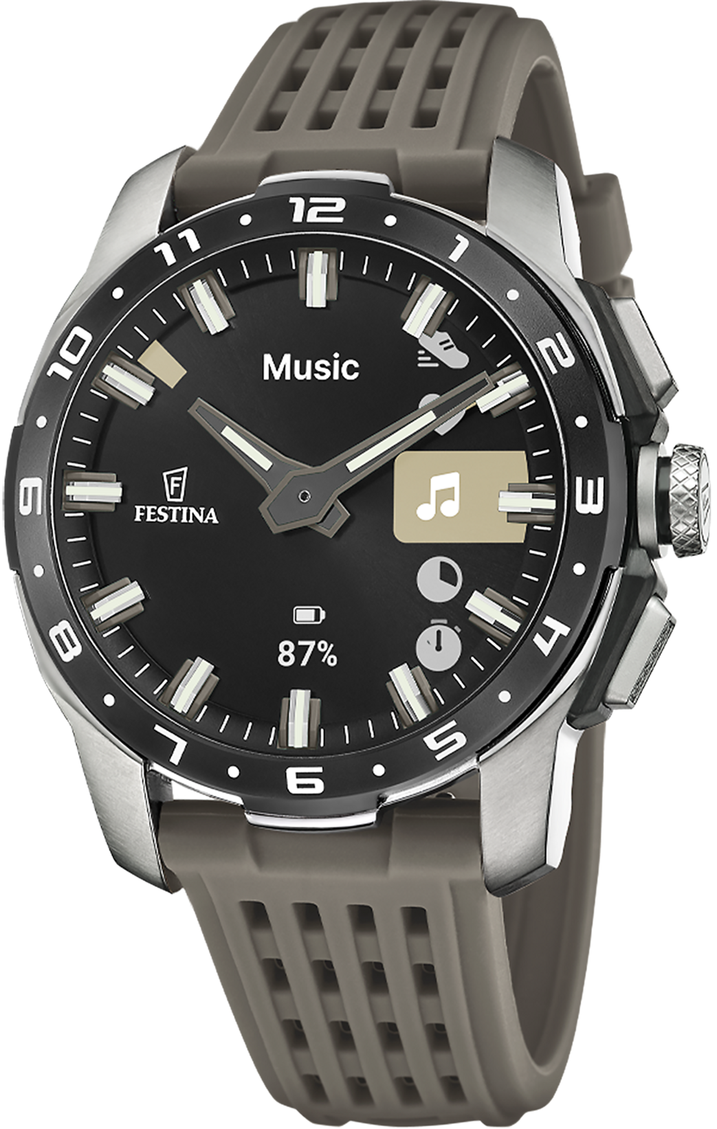 Montre connectée Festina pour homme avec cadran noir, aiguilles argentées et bracelet en caoutchouc gris