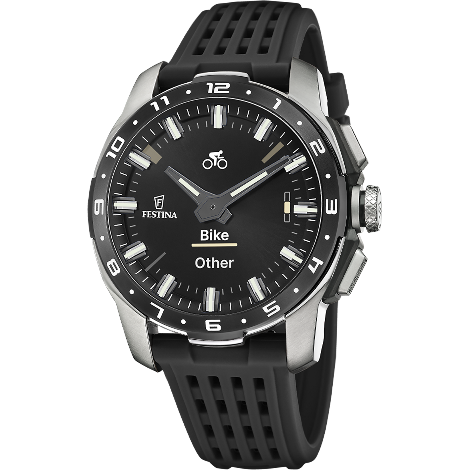 Montre pour homme avec cadran noir, aiguilles argentées et bracelet en silicone noir.
