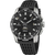 Montre pour homme avec cadran noir, aiguilles argentées et bracelet en silicone noir.
