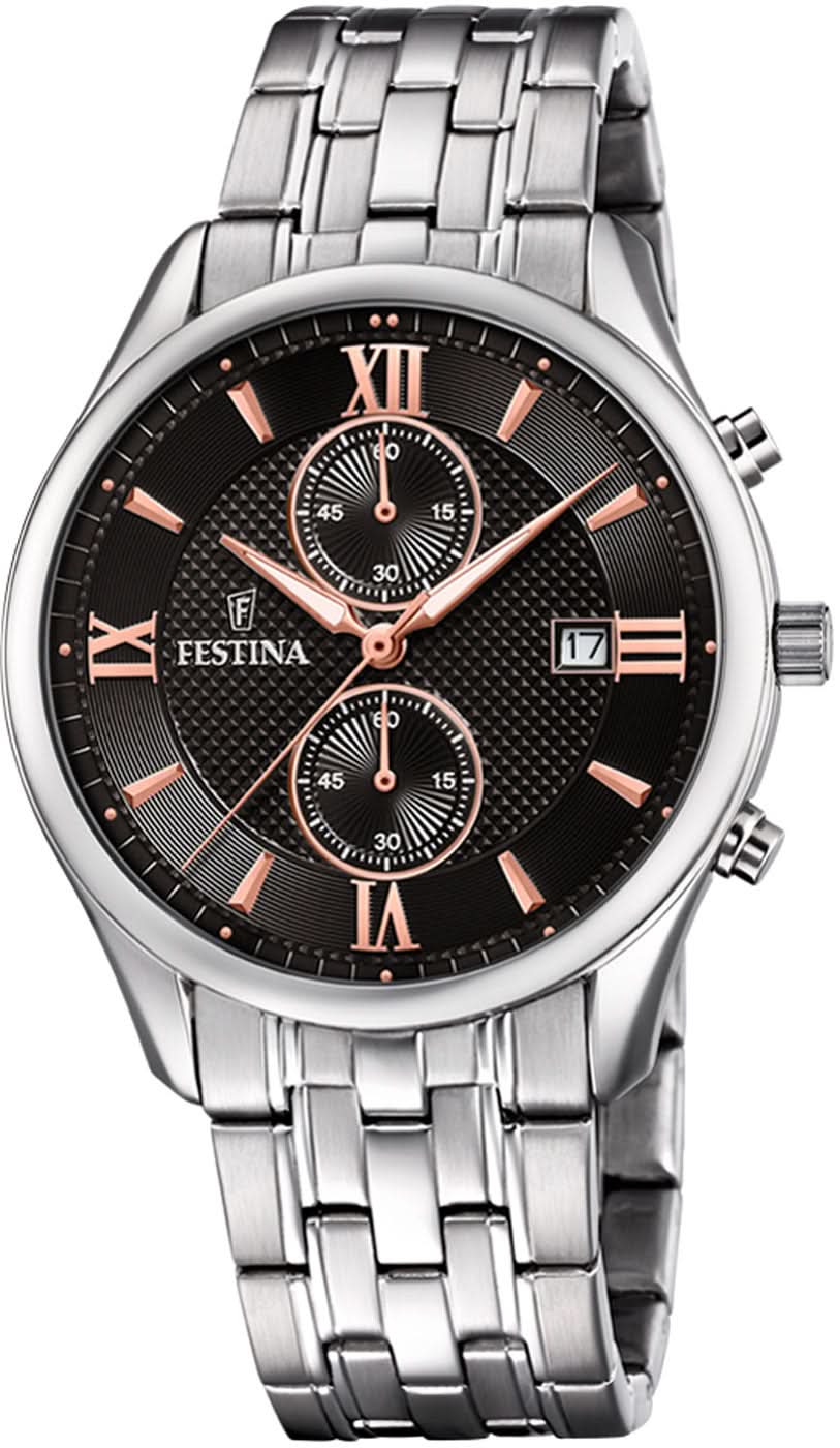 Montre chronographe Festina pour homme : cadran noir, bracelet en acier inoxydable