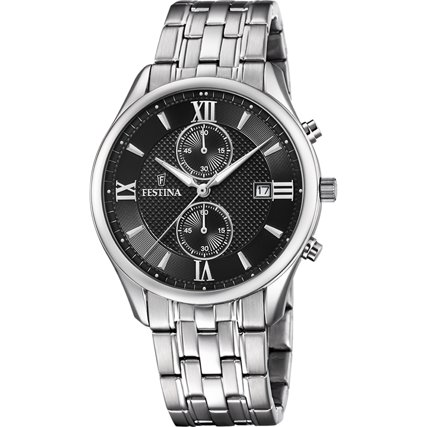 Festina Herrenuhr Chronograph: schwarzes Zifferblatt, Edelstahlarmband, Mineralglas