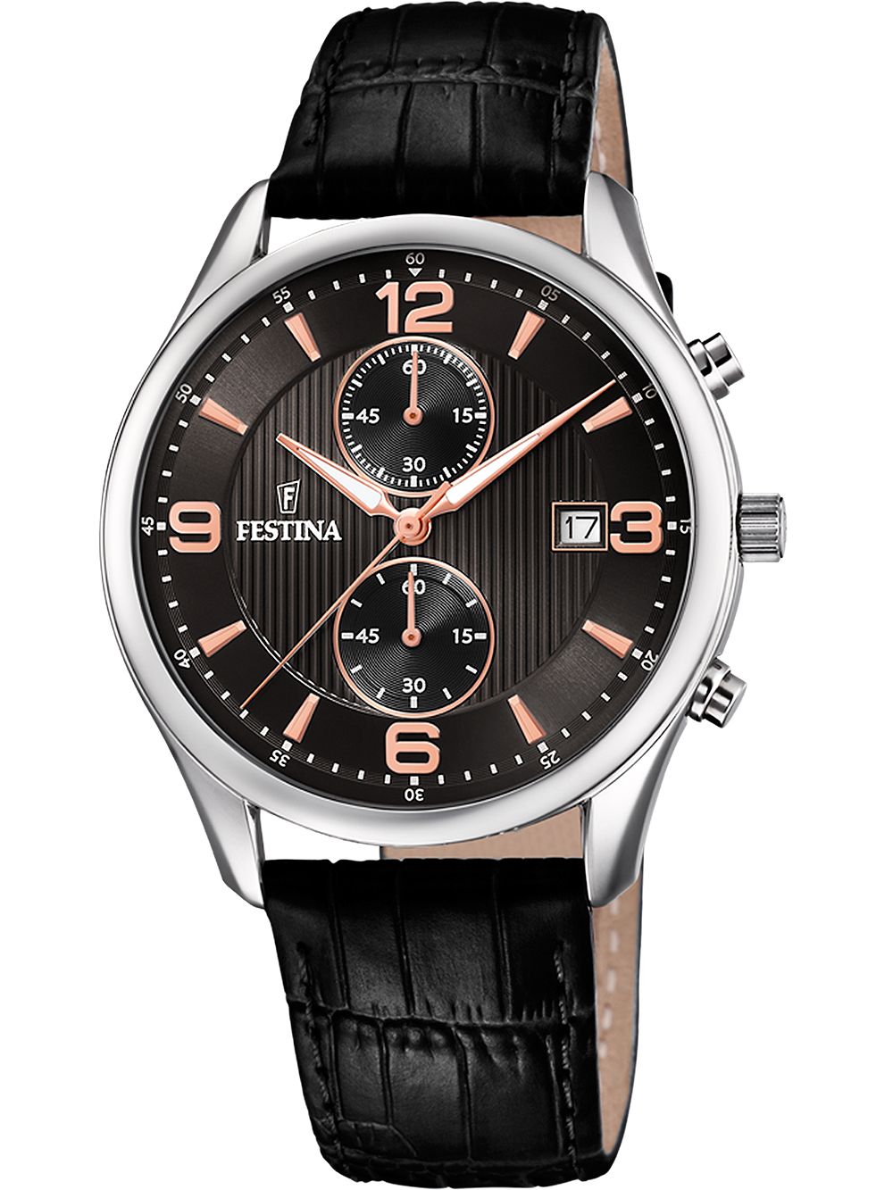 Herren-Chronograph mit schwarzem Zifferblatt, Chronographen-Subdials und schwarzem Lederarmband