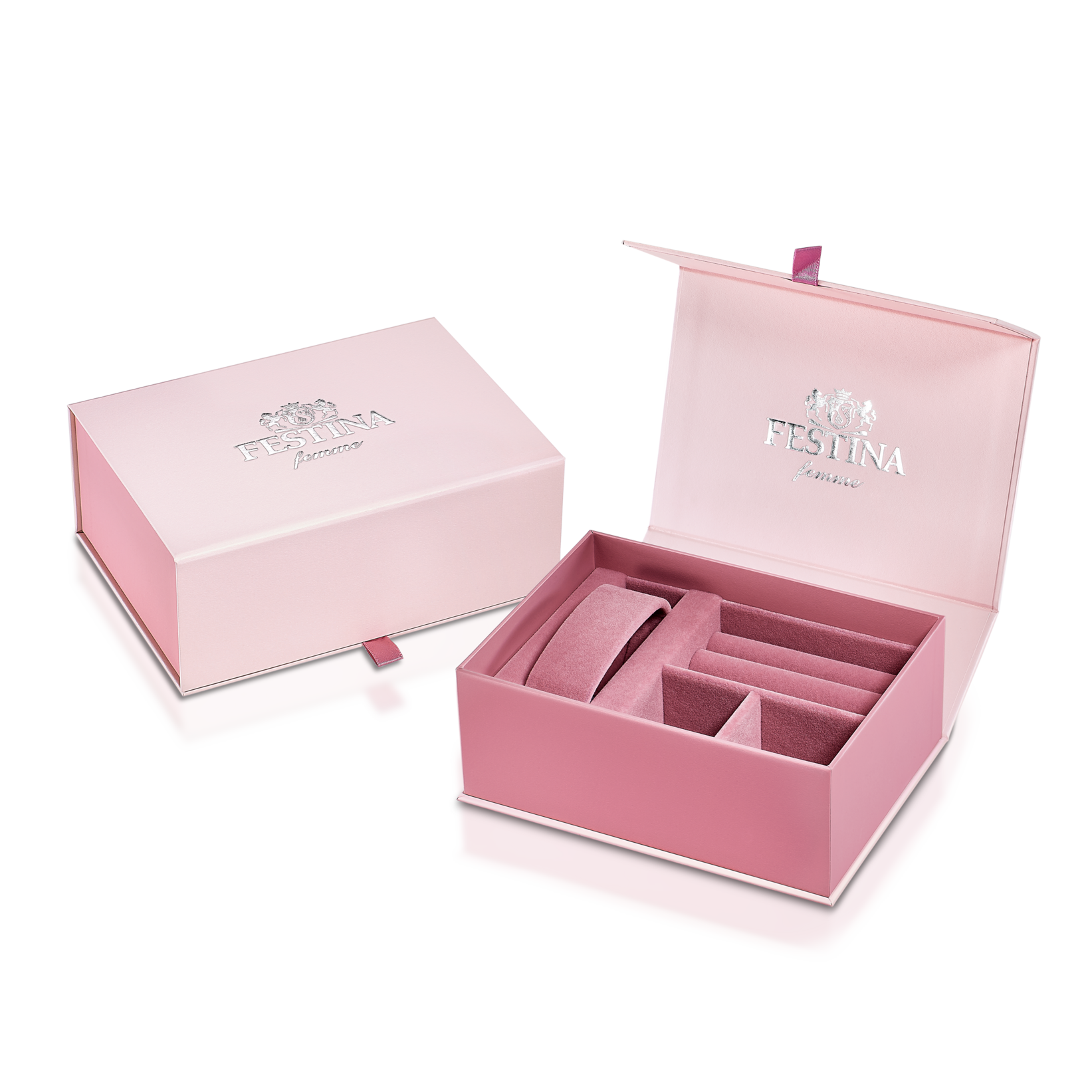 Damen-Armbanduhr in rosa Schmuckschachtel mit Klappdeckel und Kissen