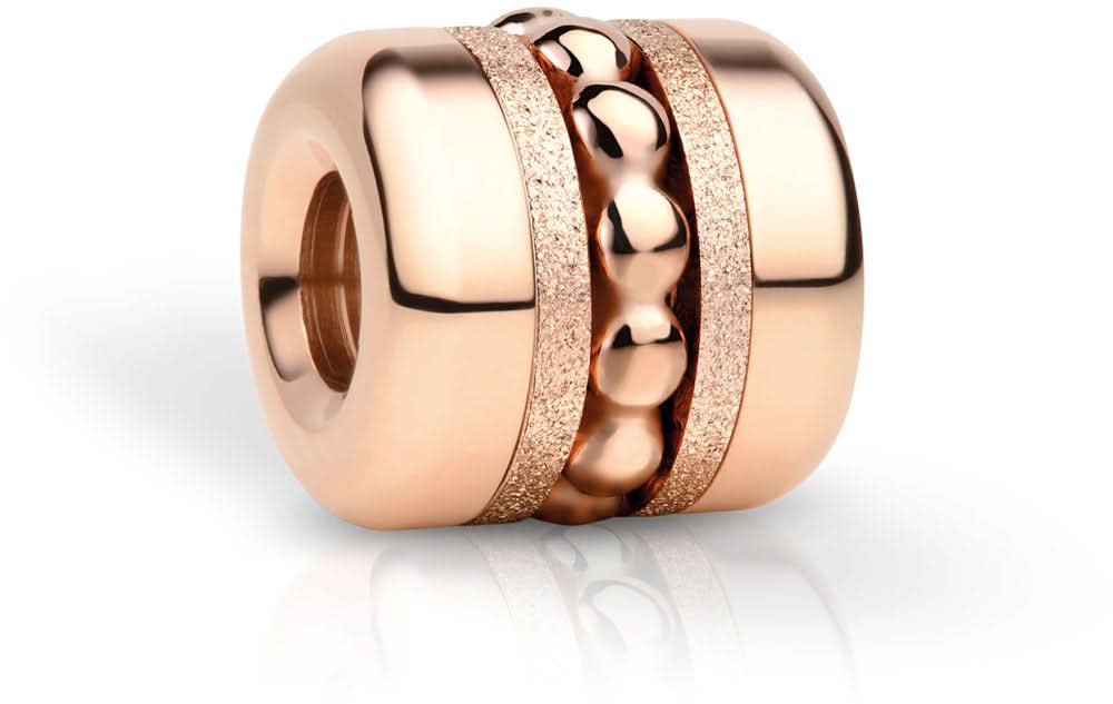 Charm en acier inoxydable couleur or rose avec motif cœur sur un anneau cylindrique