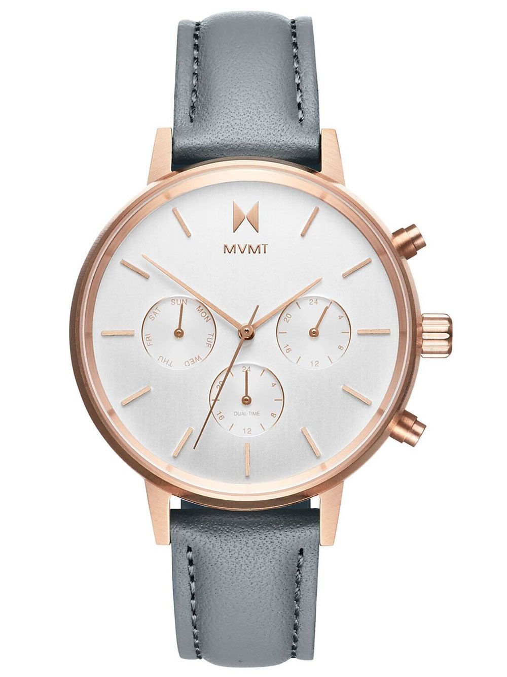 Damenuhr mit roségoldener Lünette und grauem Lederarmband, weißes Zifferblatt