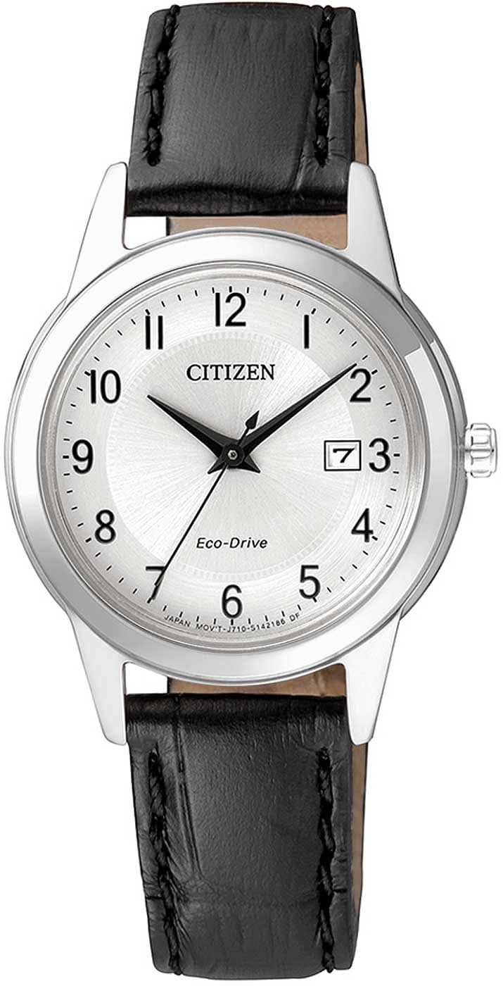Montre pour femme avec bracelet en cuir noir, cadran argenté et guichet date