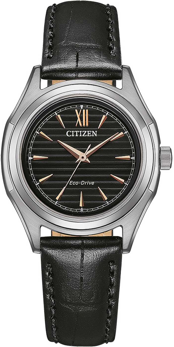 Montre femme Citizen avec bracelet en cuir noir, cadran noir et chiffres romains