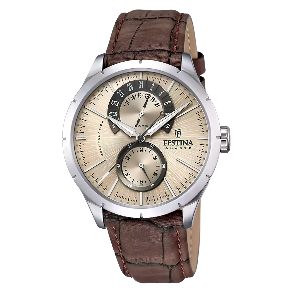 Festina Herrenuhr mit beigem Zifferblatt und braunem Lederband, Quarzwerk