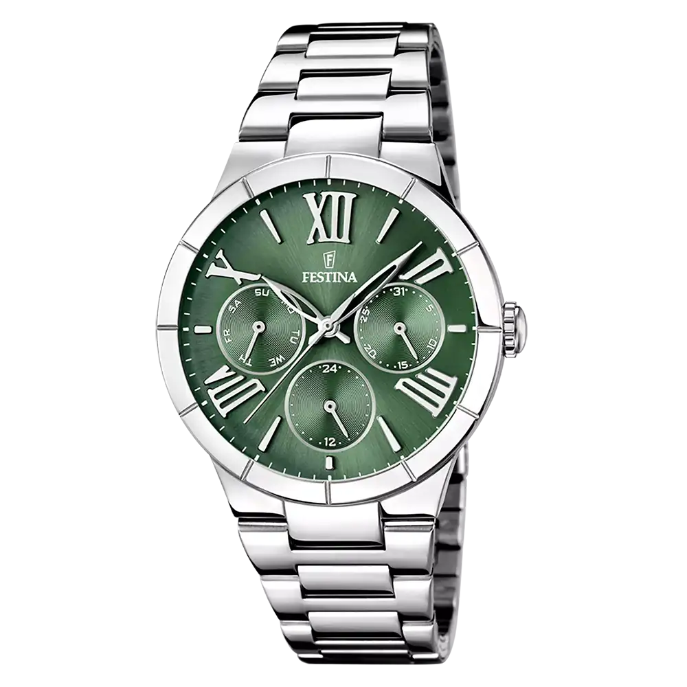 Festina Damenuhr mit grünem Zifferblatt und Edelstahlarmband