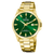 Herrenarmbanduhr mit goldfarbenem Metallarmband und grünem Zifferblatt