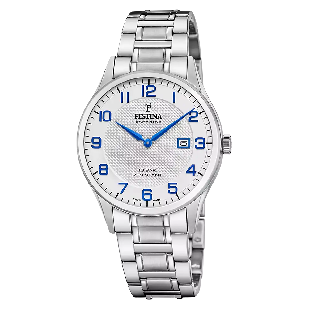 Silberne Herrenarmbanduhr mit blauem Zifferblatt und Edelstahlband