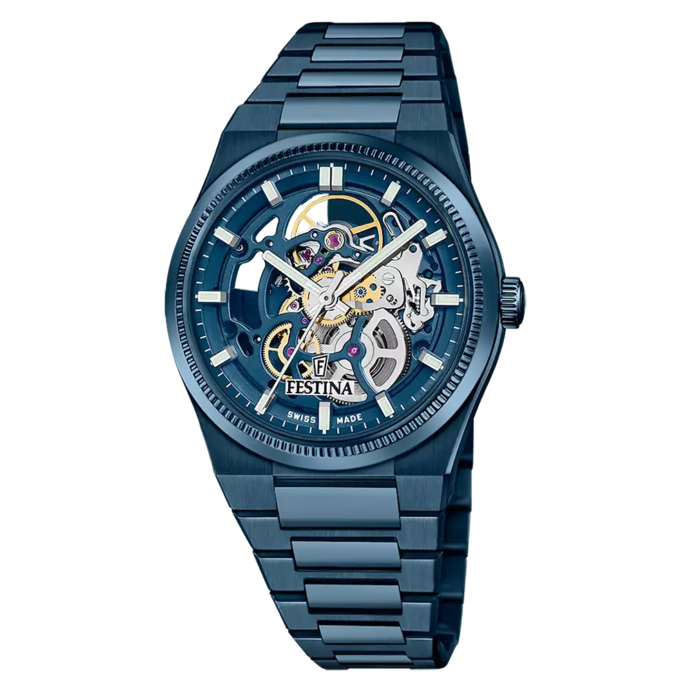 Festina Herren-Automatikuhr: blaues Zifferblatt, sichtbares Automatikwerk, blaues Metallarmband