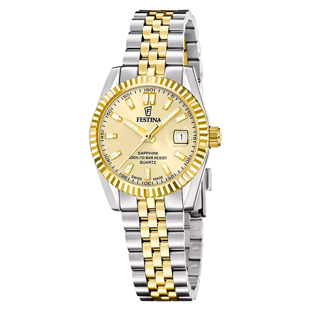 Damenarmbanduhr mit Gold-Silber-Gliederarmband, gelbem Zifferblatt und Saphir